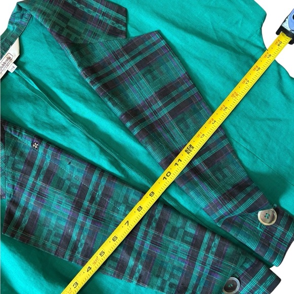 Y2K 90s ADDENDA Green Plaid Open Front Asymmetrical Crop Blazer Jacket, Small - Picture 6 of 10